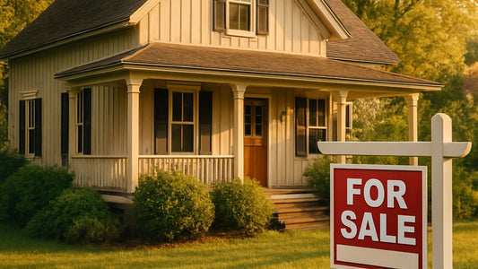A classic farmhouse-style home with a covered front porch and a For Sale sign in the front yard.