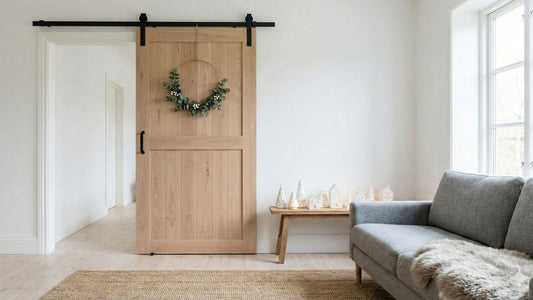 A white oak barn door in a living room of a house with a wreath hung on it.