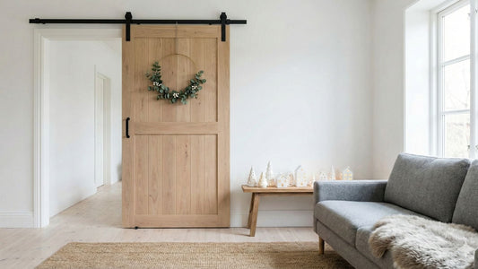 A white oak barn door in a living room of a house with a wreath hung on it.