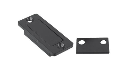 A product shot of a matte black magnetic barn door latch set against a white background.