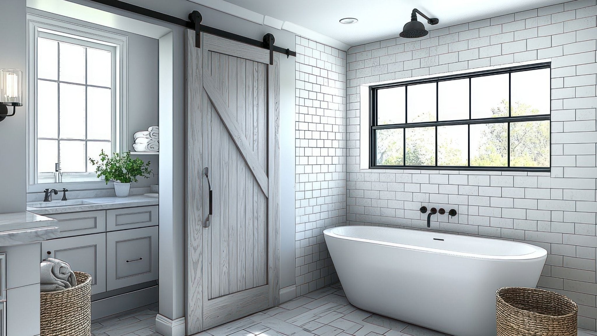Modern farmhouse bathroom featuring a white wash wood sliding barn door with a Z-brace design and black hardware, separating the main area from the vanity.