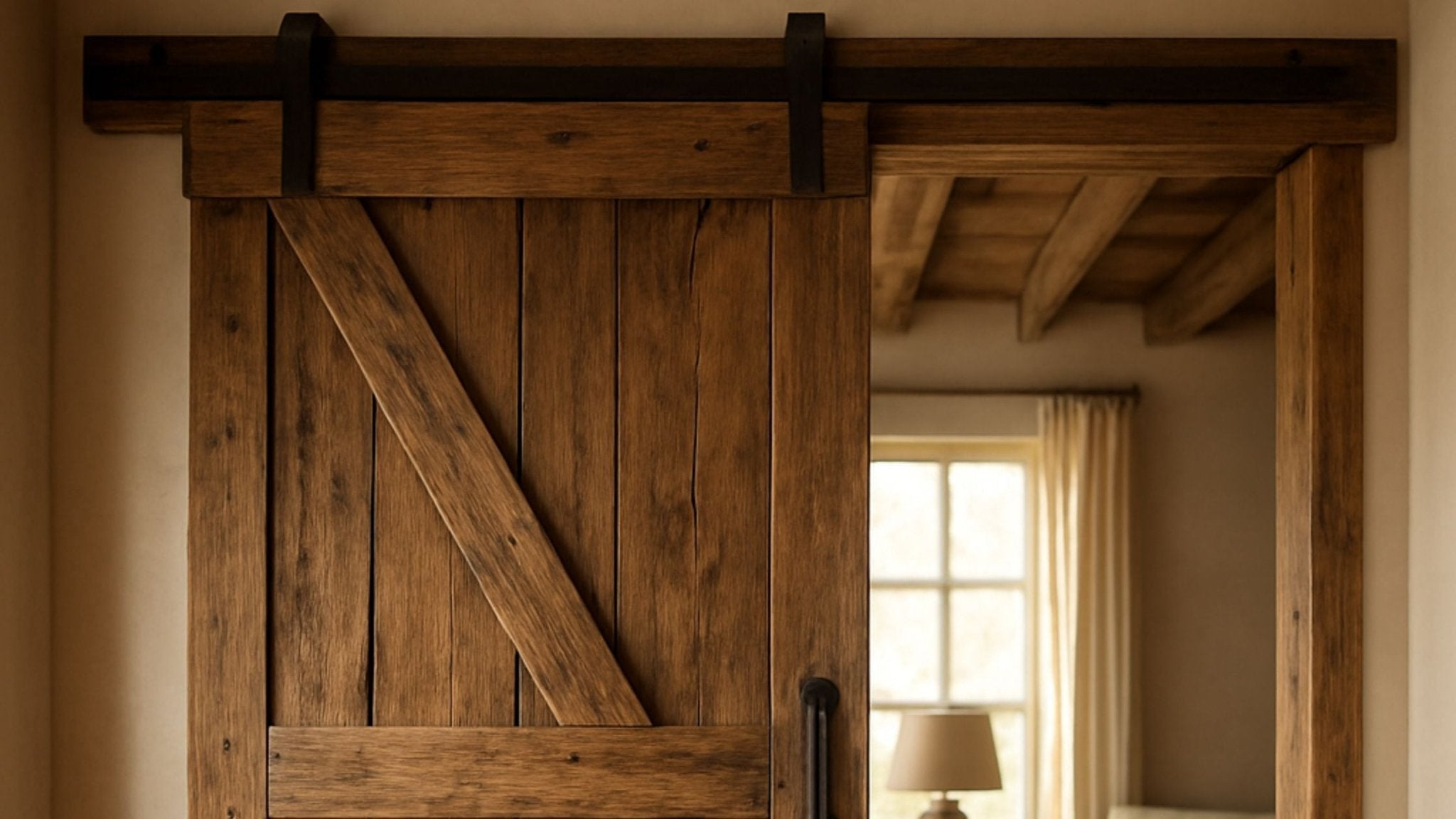 Rustic dark wood barn door featuring a diagonal brace and matte black rolling hardware, installed on a structural wooden header board in a cozy farmhouse doorway.