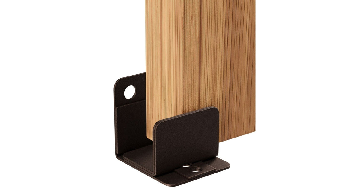 Wooden door with a black wall guide on a white background