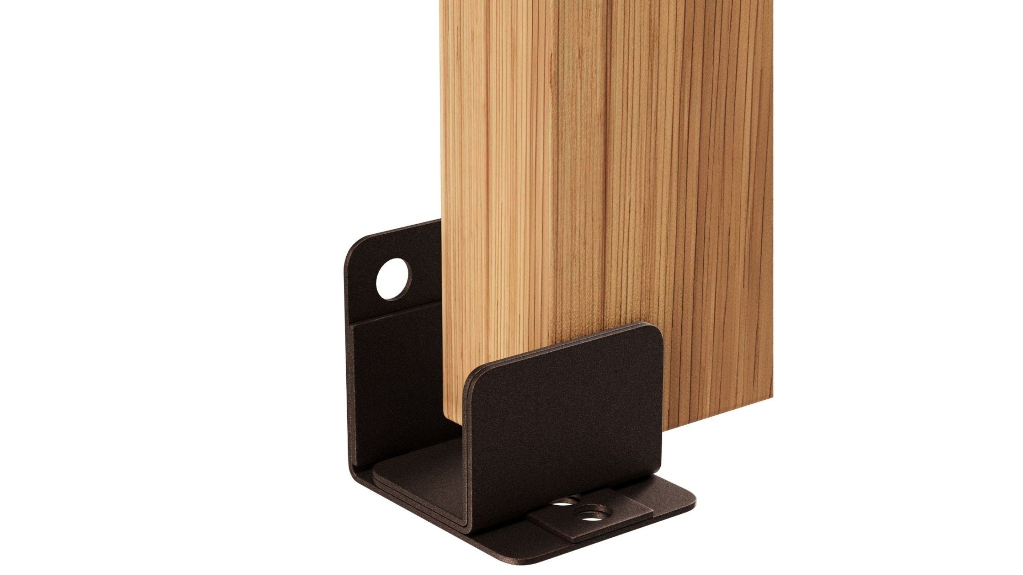 Wooden door with a black wall guide on a white background