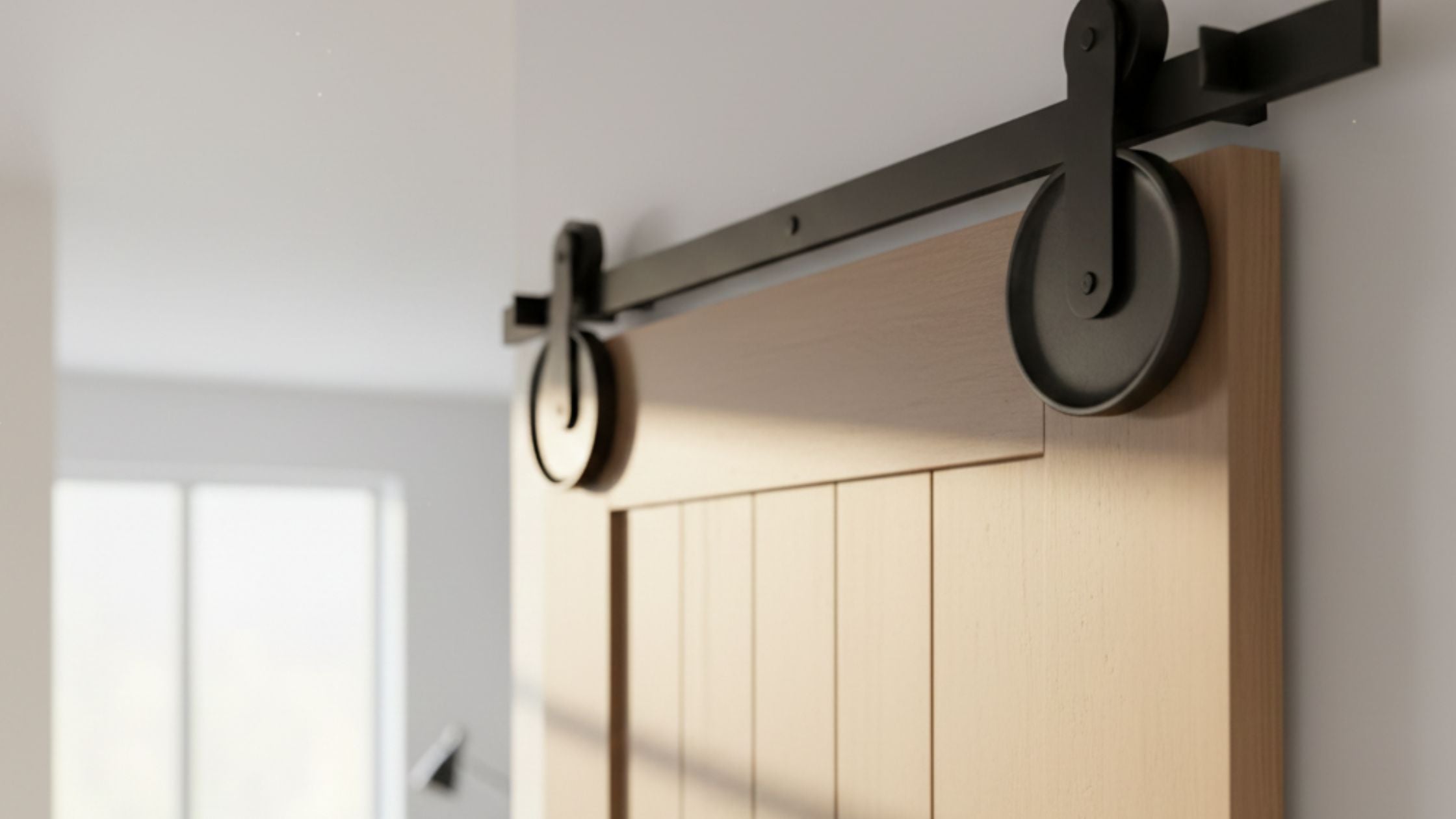 A photograph of a rustic, medium-brown wood barn door featuring a Z-brace plank design.