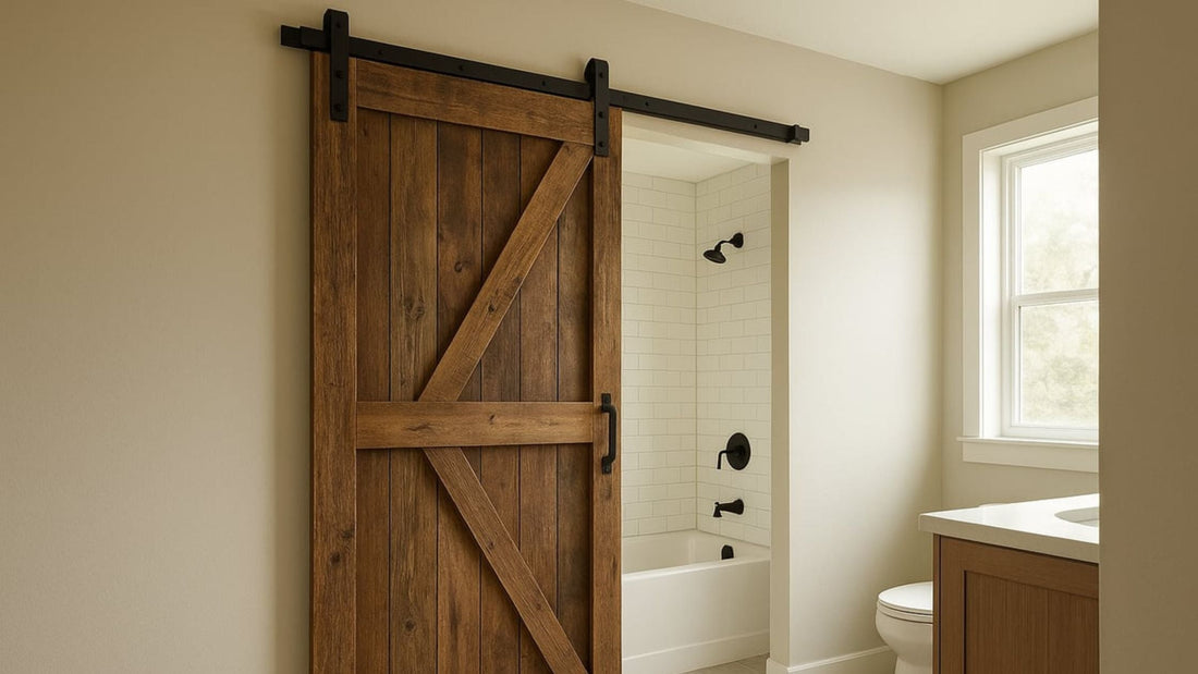 Bathroom with wooden sliding door, bathtub, and toilet.