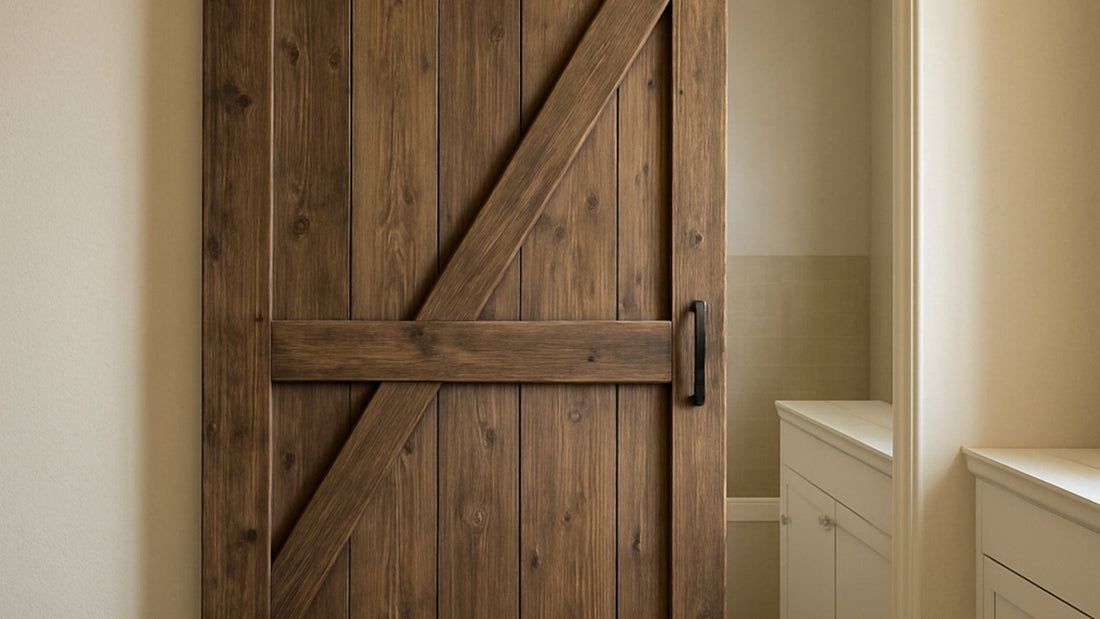 Close-up of a rustic, dark-stained wood barn door featuring a Z-brace design and a matte black vertical pull handle, partially covering the entrance to a room with light cabinetry.