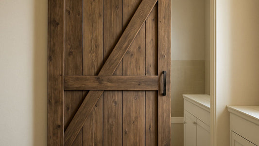 Close-up of a rustic, dark-stained wood barn door featuring a Z-brace design and a matte black vertical pull handle, partially covering the entrance to a room with light cabinetry.