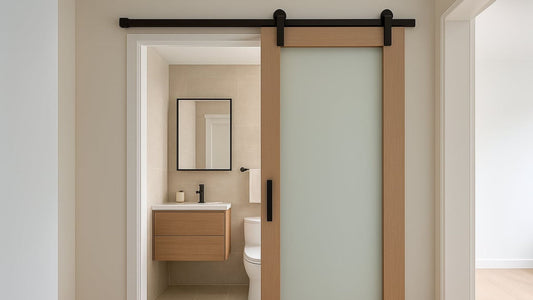 A modern bathroom entrance featuring a light wood sliding barn door with a large frosted glass panel for privacy. The door hangs on a sleek matte black track and opens to reveal a contemporary bathroom.
