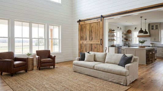 A large, rustic reclaimed wood sliding barn door with black track hardware, mounted on a white shiplap wall in a bright modern farmhouse living room.