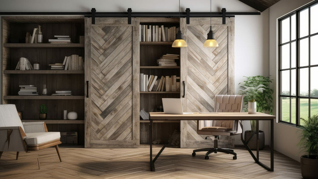 A rustic home office featuring two sliding barn doors with a chevron or herringbone pattern made of reclaimed wood, installed on black sliding hardware.