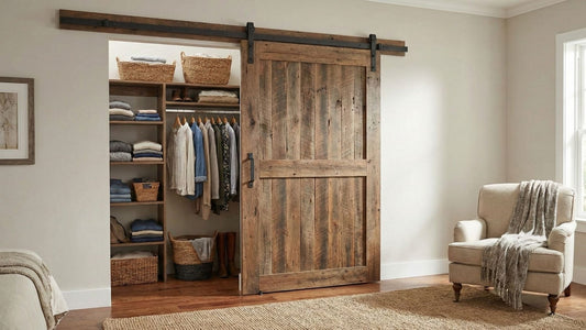 A rustic wooden barn door with dark metal hardware slides on a track to reveal a walk-in closet filled with clothes, baskets, and shelves.