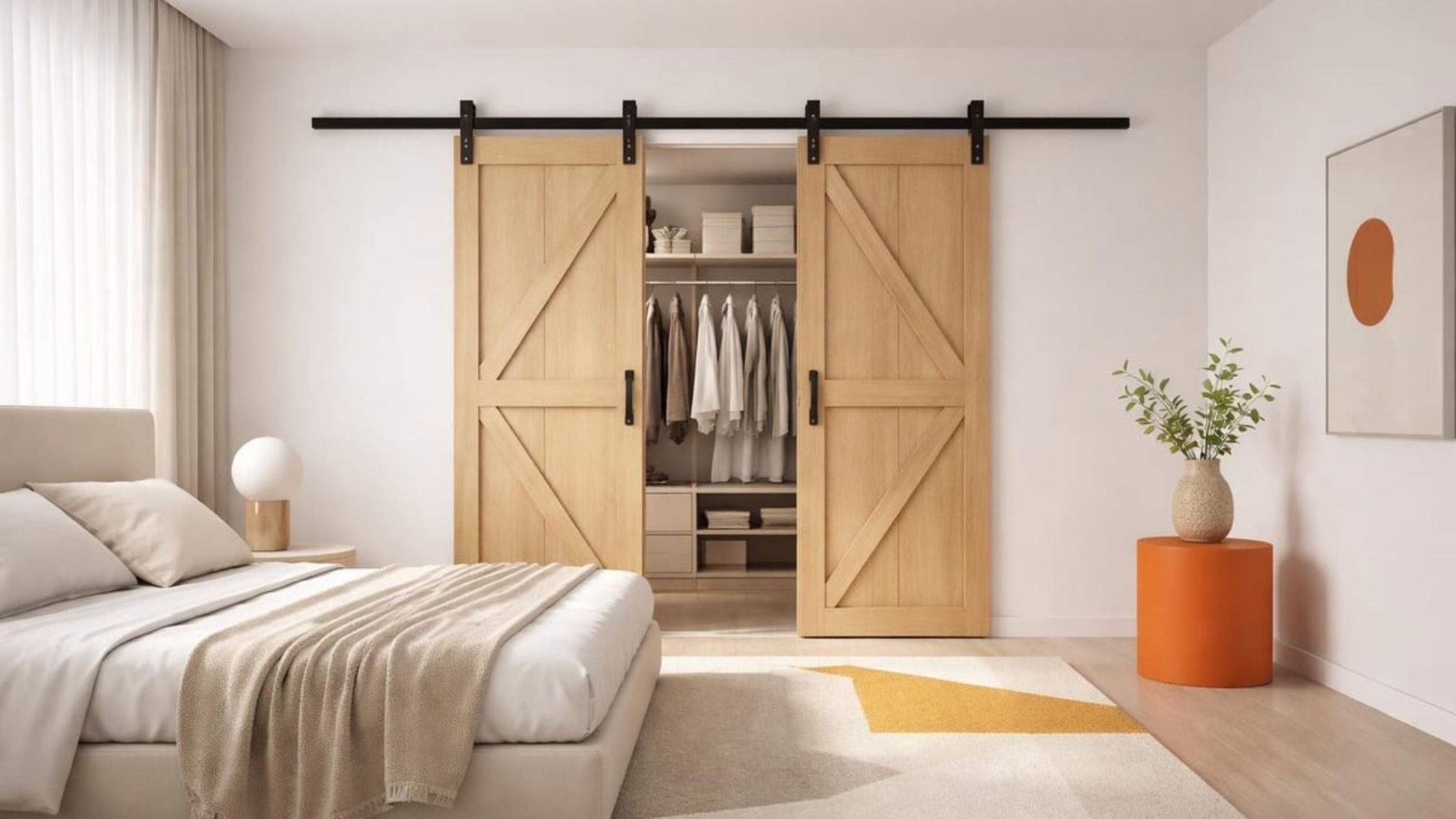 Modern bedroom with wooden sliding closet doors