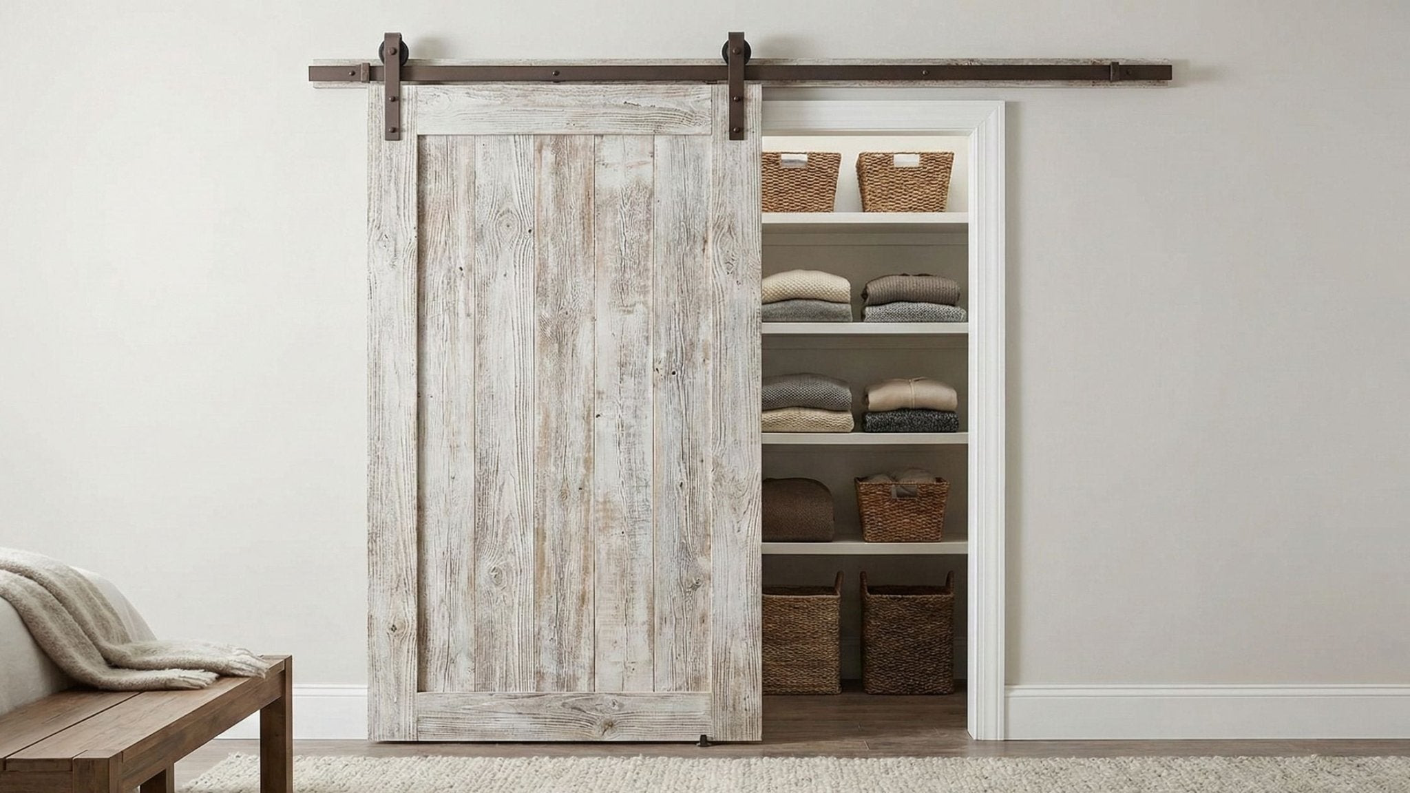 A sleek, modern closet barn door made of light oak with horizontal wood grain, mounted on a minimalist matte black sliding track.