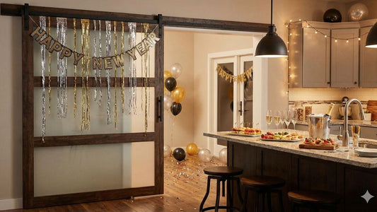 A dark wood-framed barn door with frosted glass panels is decorated with "Happy New Year" banners and gold and silver tinsel.