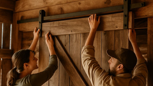 A man and woman working together to lift and hang a heavy wood barn door onto a black overhead sliding track during the DIY installation process.