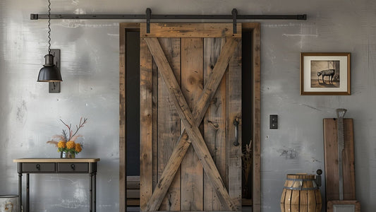 A rustic, weathered wood barn door featuring a large X-brace design and a long black sliding track, set against a concrete-texture wall in an industrial-style room.