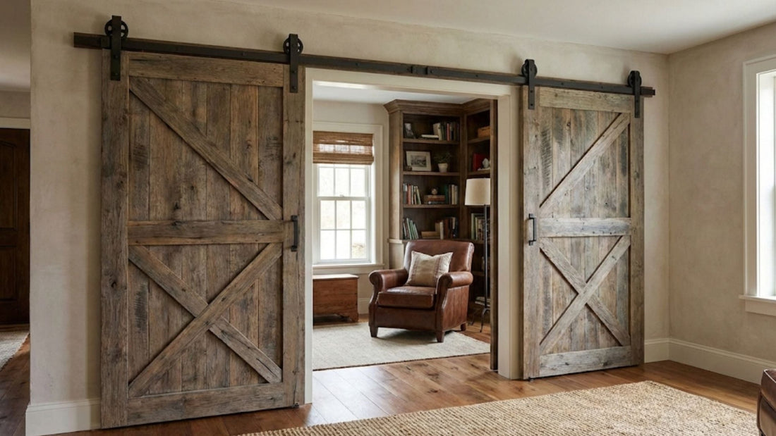 Two rustic wooden barn doors with black metal hardware sliding open to reveal a cozy library with a leather armchair and bookshelves.