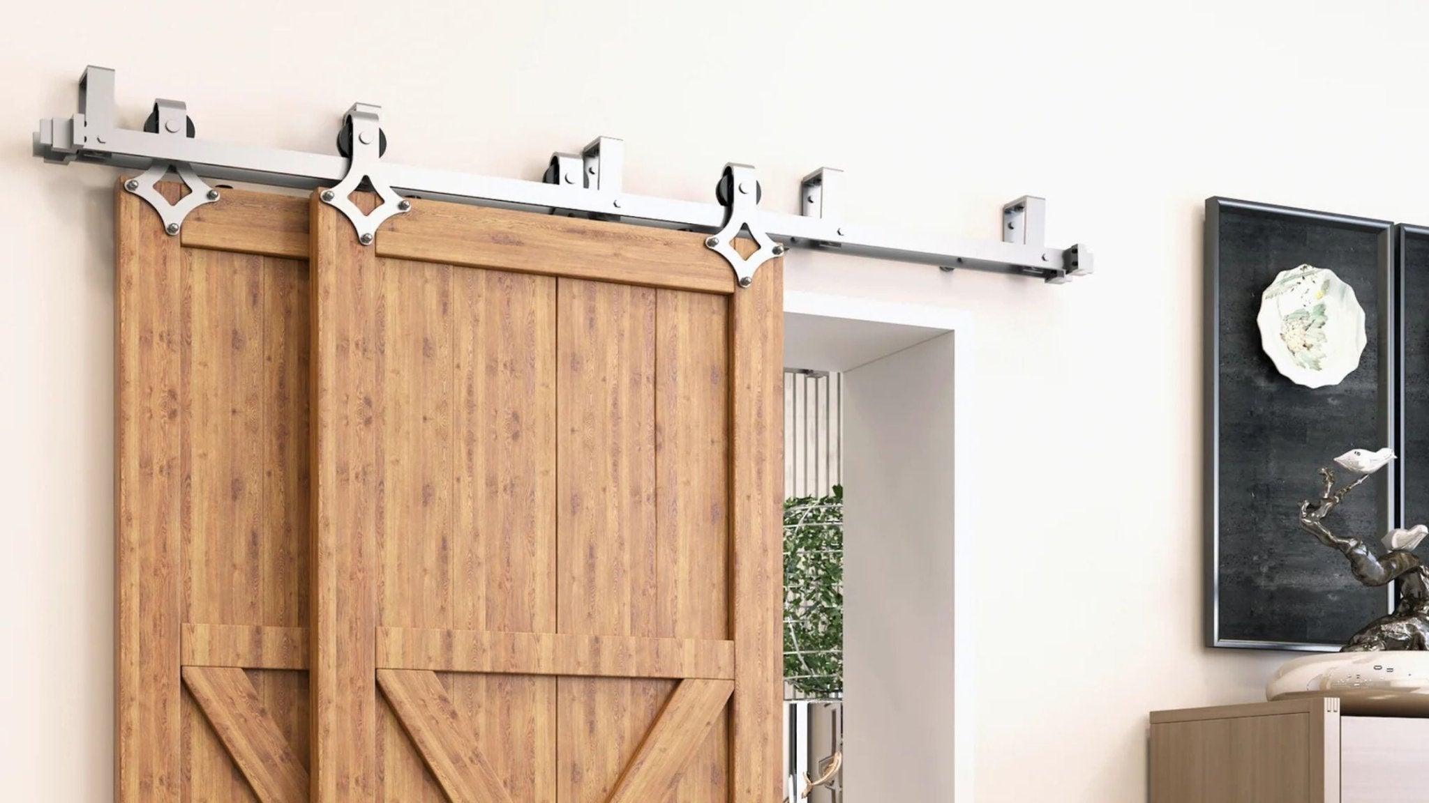 Two rustic wood barn doors with X-braces on a modern brushed nickel sliding track, next to a partial doorway and a decorative dark wall.