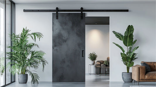 Modern living space featuring a smooth, dark gray or black slate-look barn door on a black sliding track, partially obscuring an entryway to another living area.