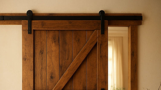 Close-up of a medium-brown Z-brace barn door with black sliding hardware mounted onto a matching wood header board above the doorway.