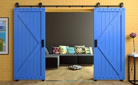 Blue Barn Doors on a Black Track with Spoke Wheels