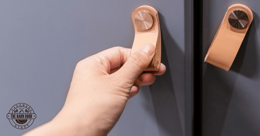 Close Up of Leather Barn Door Pulls