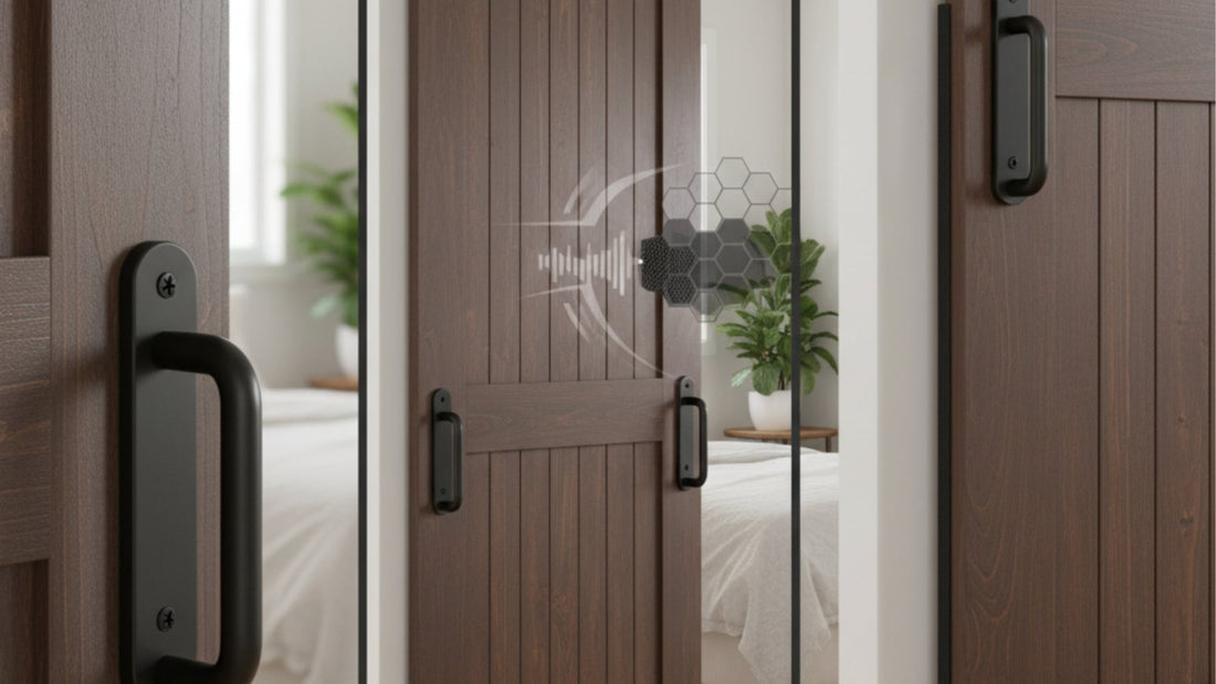 A modern barn door with matte black hardware showing privacy, soundproofing, and locking.