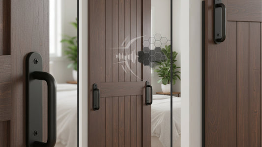 A modern barn door with matte black hardware showing privacy, soundproofing, and locking.