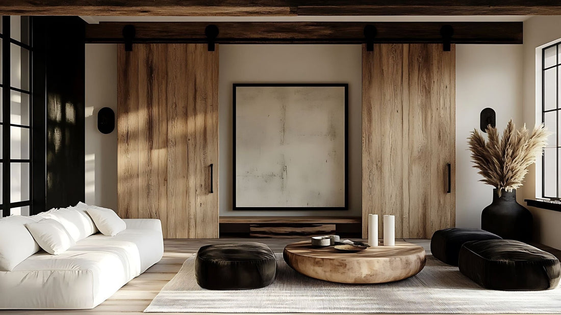 Modern living room with a rustic aesthetic, featuring two large light wood plank barn doors with black sliding hardware.