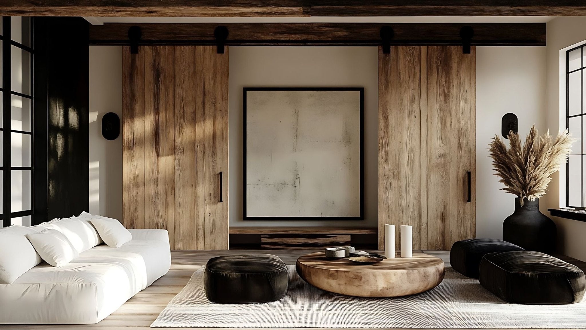 Modern living room with a rustic aesthetic, featuring two large light wood plank barn doors with black sliding hardware.