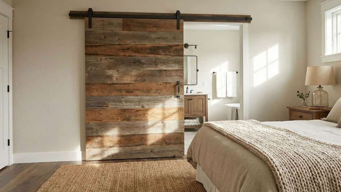 A rustic, reclaimed wood sliding barn door with horizontal planks and black iron hardware separates a cozy bedroom from an en-suite bathroom.