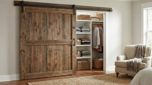 A rustic, reclaimed wood barn door sliding on a black steel track to cover a closet opening.