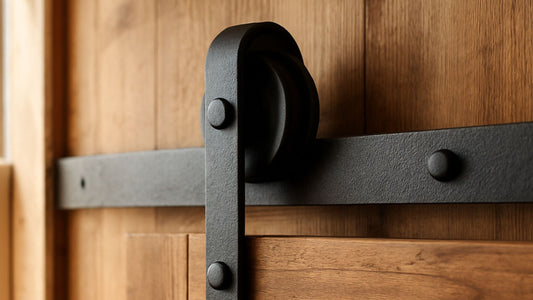 A detailed close-up shot of a matte black barn door roller and track assembly.