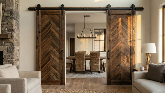 Double rustic wooden barn doors with a herringbone pattern mounted on a black metal sliding track above the frame.