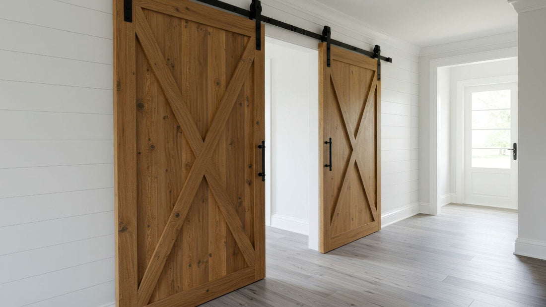 Two natural wood barn doors with large X-brace designs and black pull handles, installed on a single extended black sliding track, partially covering a wide doorway in a bright hallway with shiplap walls and gray wood floors.