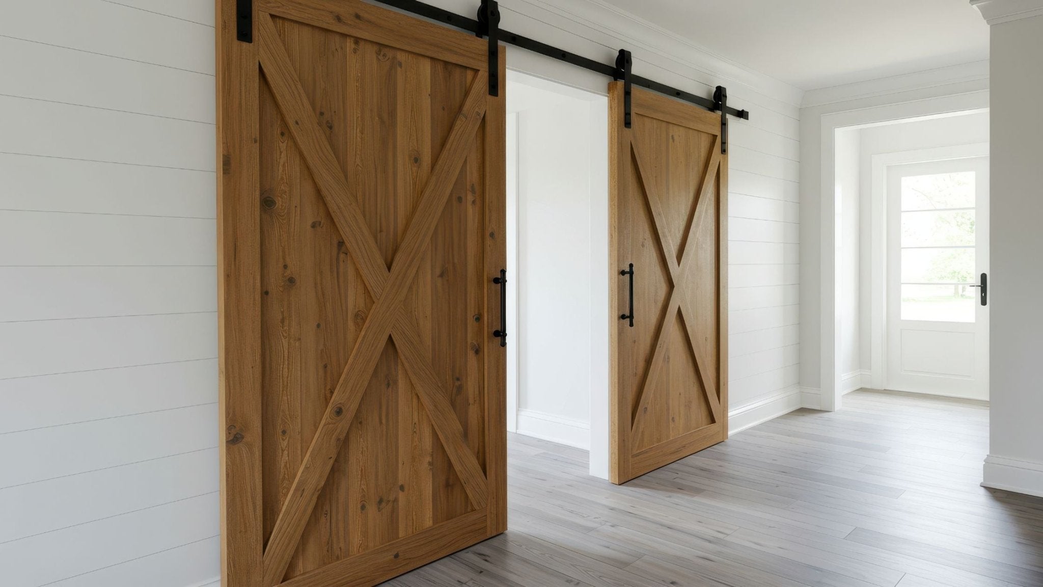 Two natural wood barn doors with large X-brace designs and black pull handles, installed on a single extended black sliding track, partially covering a wide doorway in a bright hallway with shiplap walls and gray wood floors.