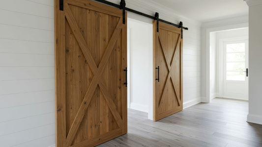 Two natural wood barn doors with large X-brace designs and black pull handles, installed on a single extended black sliding track, partially covering a wide doorway in a bright hallway with shiplap walls and gray wood floors.