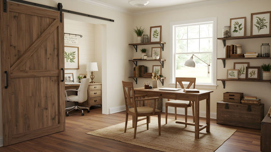 A close-up shot of a rustic, natural wood barn door with an X-brace design and a matte black sliding hardware kit, opening into a bright home office space.