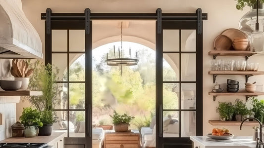 Kitchen interior featuring two black-framed sliding glass barn doors with divided light panels, opening to an outdoor patio.