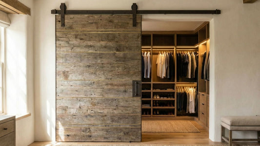 A sliding barn door made of horizontal weathered wood planks with thin gold inlays hangs on a dark metal track, partially revealing a walk-in closet.