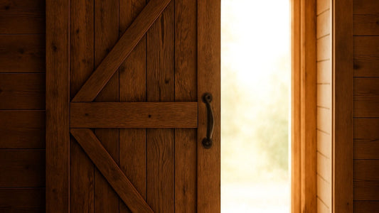 Rustic wood sliding barn door with a diagonal Z-brace and a black iron pull handle, partially open to reveal bright natural sunlight shining through the doorway.