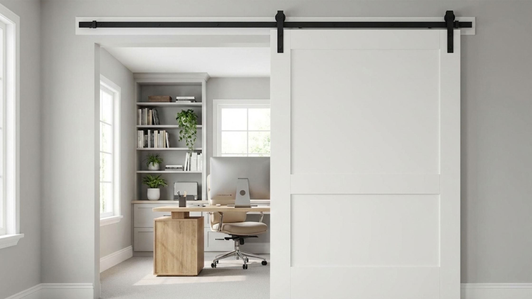 A rustic, light-wood interior barn door with a traditional Z-brace design, mounted on a sleek black industrial track.