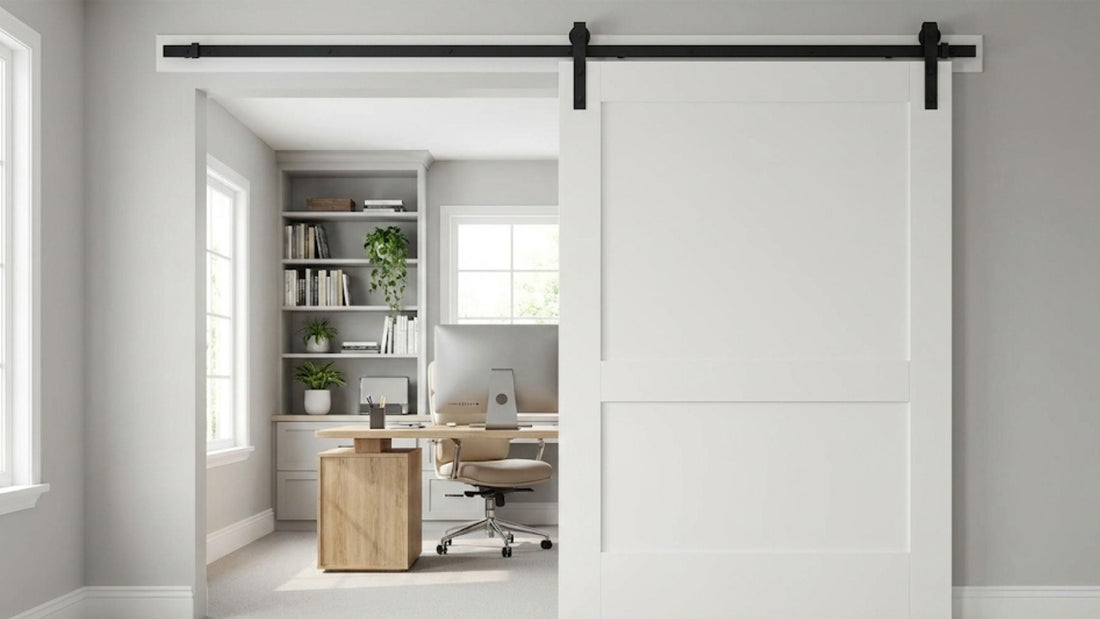 A rustic, light-wood interior barn door with a traditional Z-brace design, mounted on a sleek black industrial track.