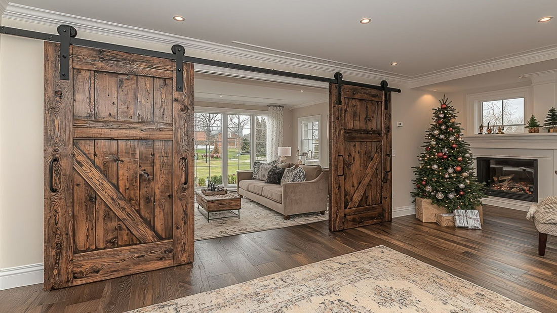 Two large, rustic wooden barn doors with black iron hardware slide open on a track, revealing a living room with a beige sofa and large windows.