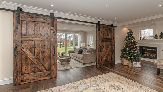 Two large, rustic wooden barn doors with black iron hardware slide open on a track, revealing a living room with a beige sofa and large windows.