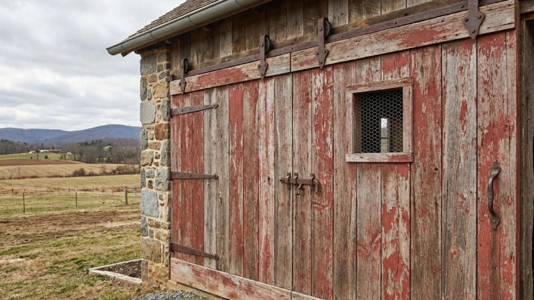 A large, weathered red wooden barn door on a black metal sliding track, set against a rustic stone and wood building with a rolling rural landscape in the background.