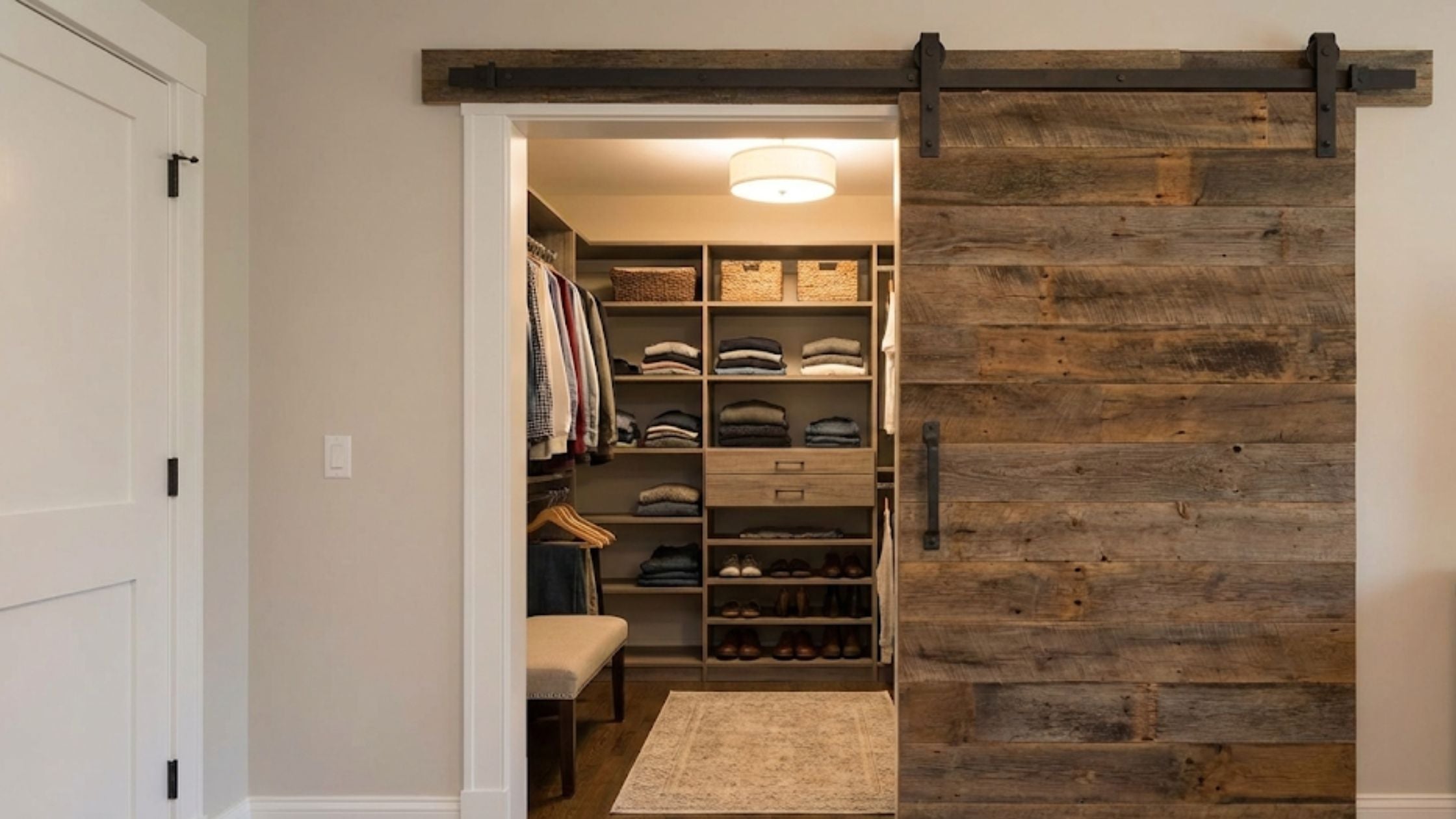 Wooden barn door opening to a walk-in closet with shelves and clothing.
