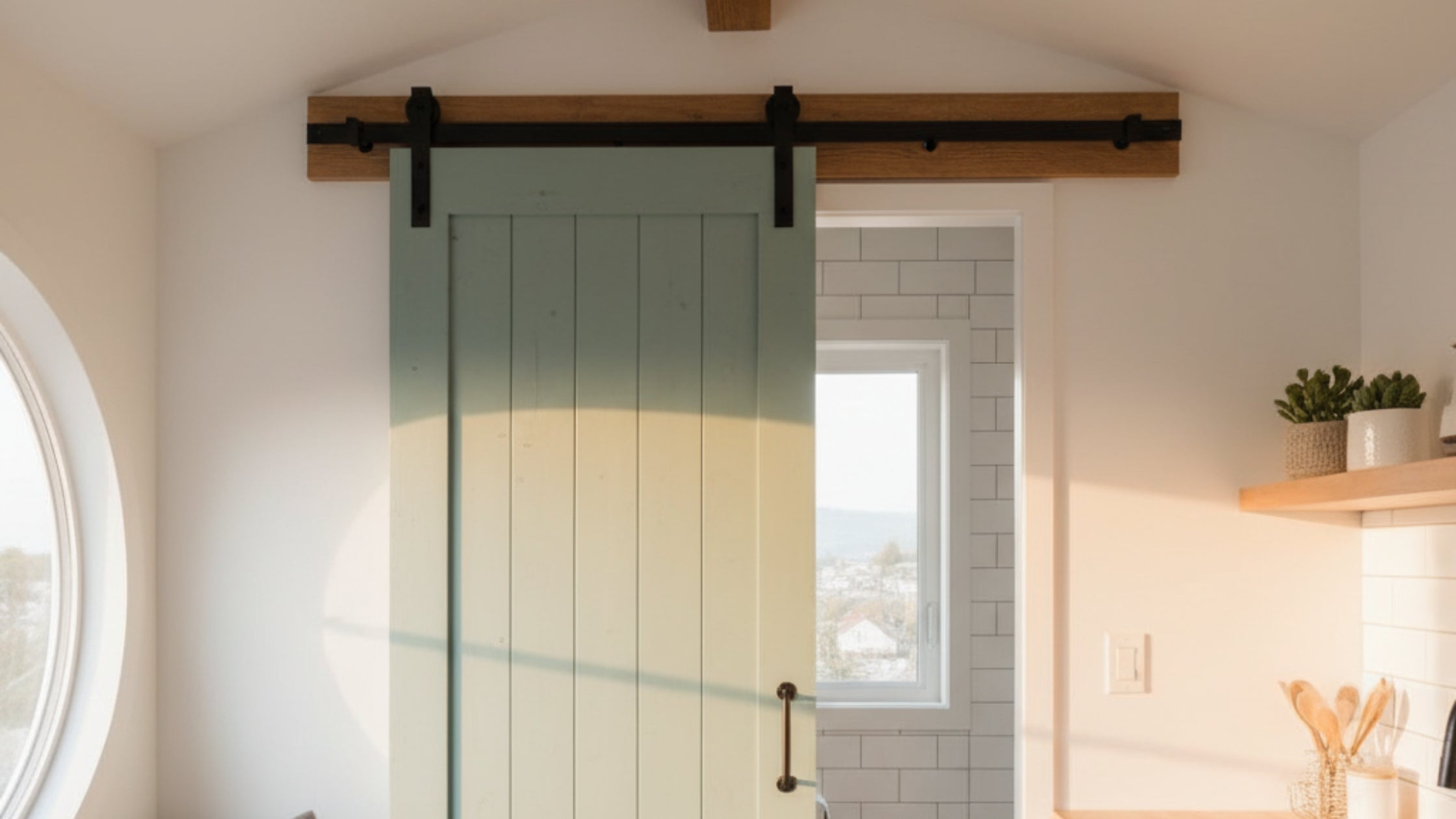 A rustic light green wood panel barn door with a black top-mount track and a soft-close mechanism, installed in a sunlit room with a round window.