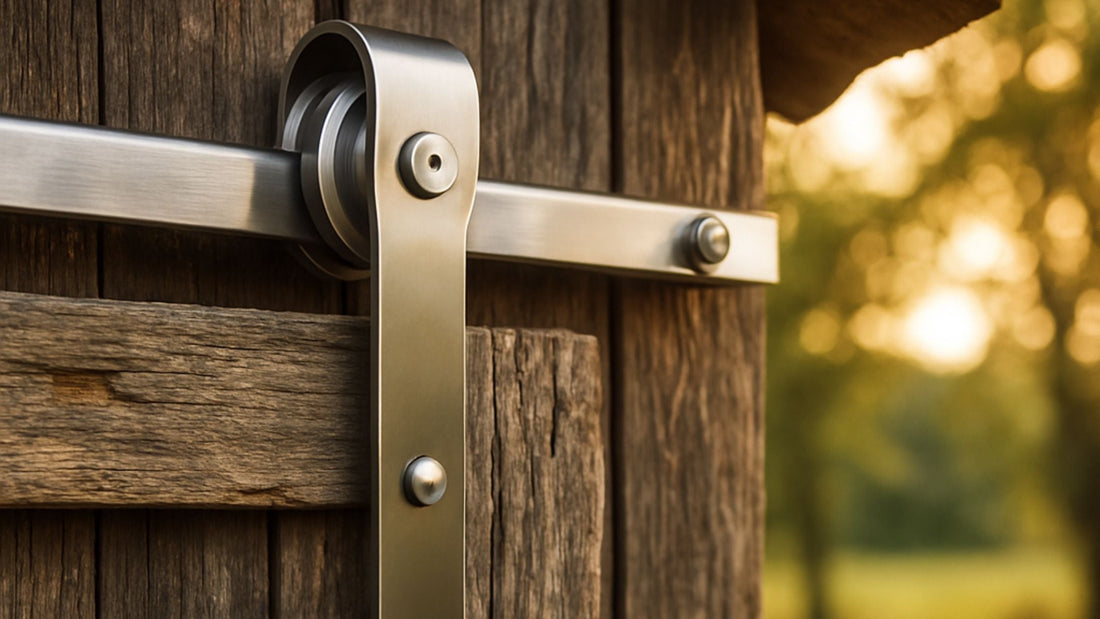 Close-up of sleek, curved stainless steel sliding barn door hardware (track and roller) installed on a rustic, weathered wood outdoor door.